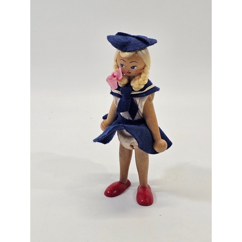 VINTAGE Peg Doll Wooden Articulated Sailor Felt Navy Blue Souvenir Toy 7.5"t EUC